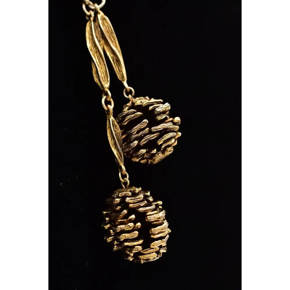 Vintage Fall Autumn Pinecone Statement Necklace Chunky Antiqued Gold Heavy BinBE